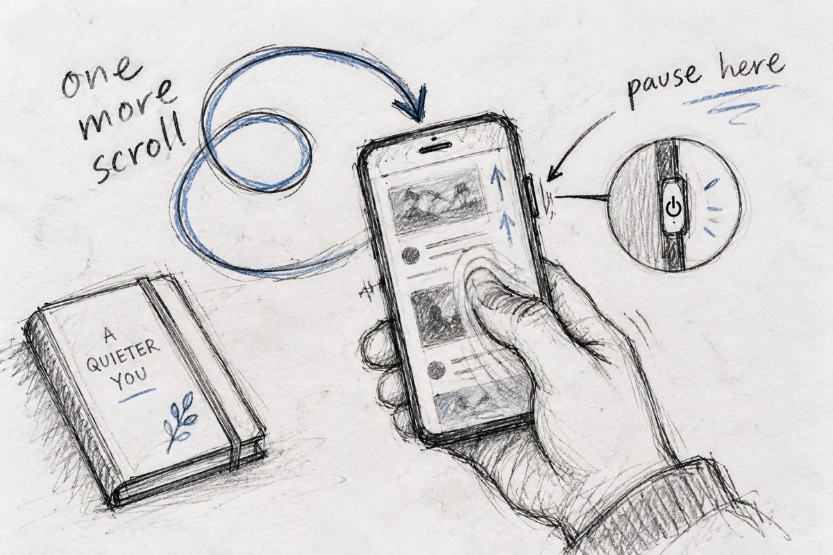Notebook drawing of a scrolling phone with a reminder to pause