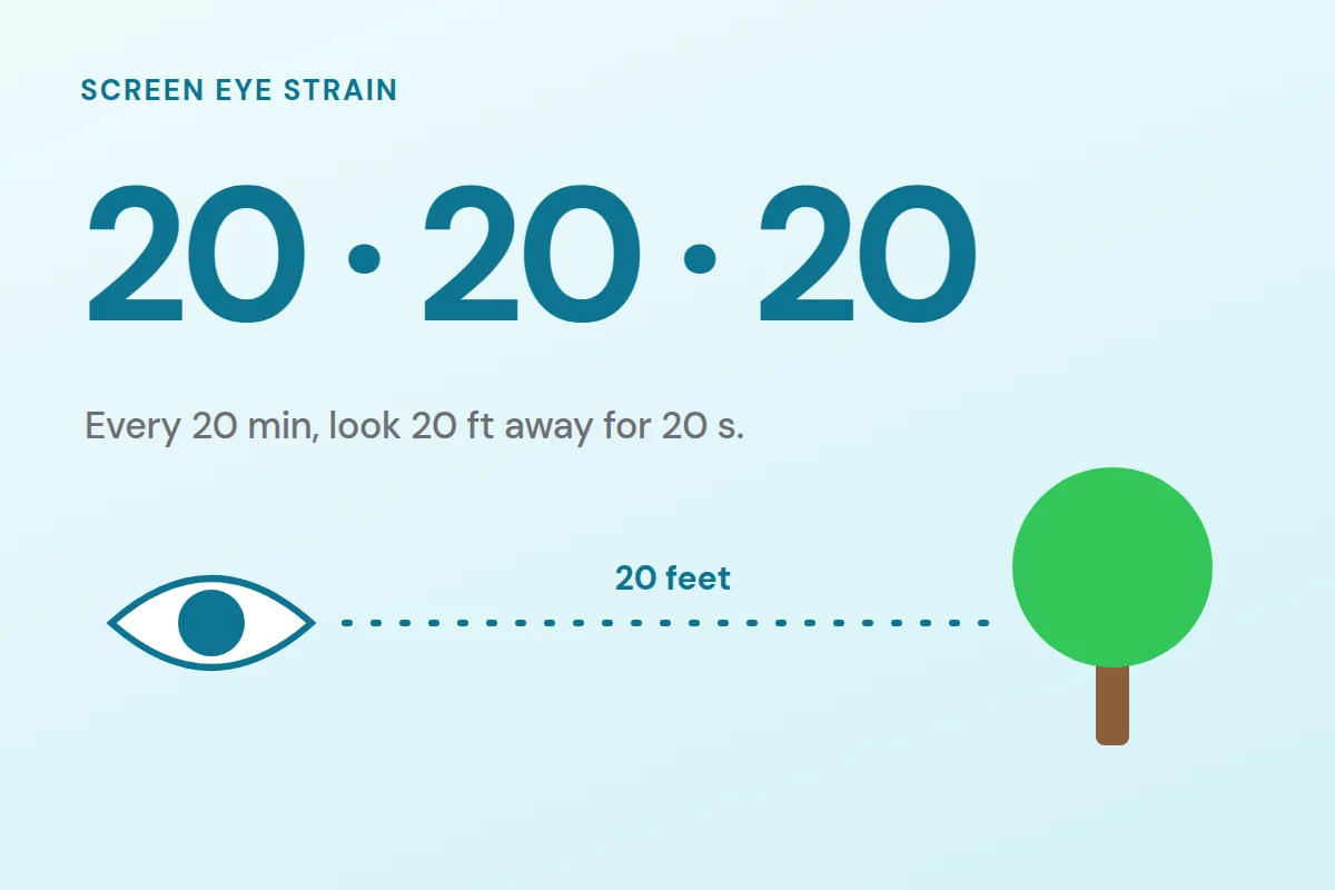 An eye looking 20 feet across to a tree, under the words 20, 20, 20