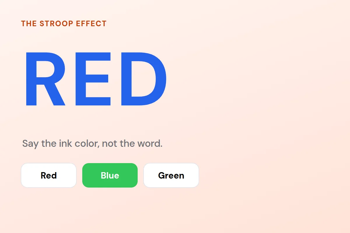 The word RED in blue ink above three answer buttons, with Blue marked correct