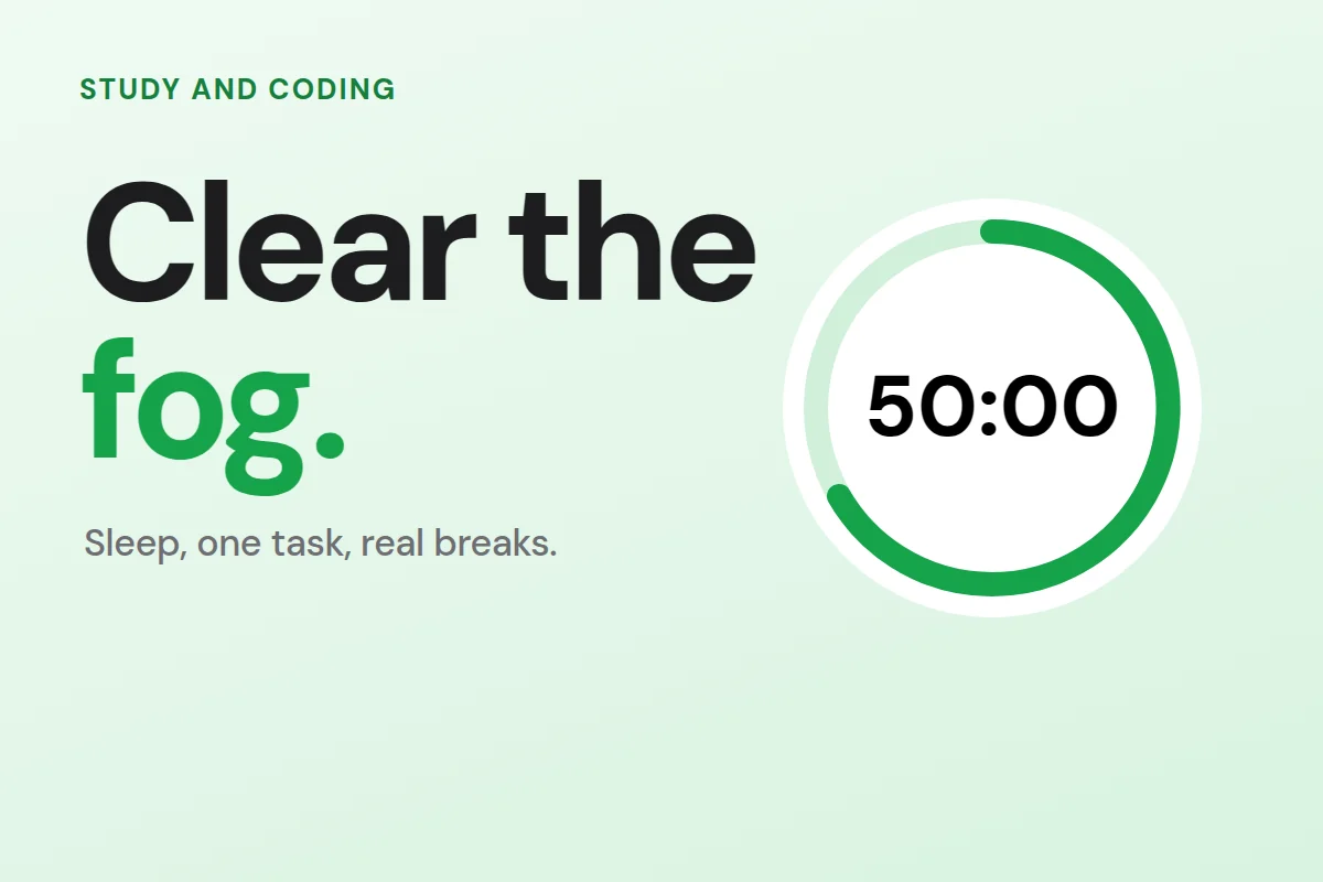 A 50 minute focus timer next to the words clear the fog